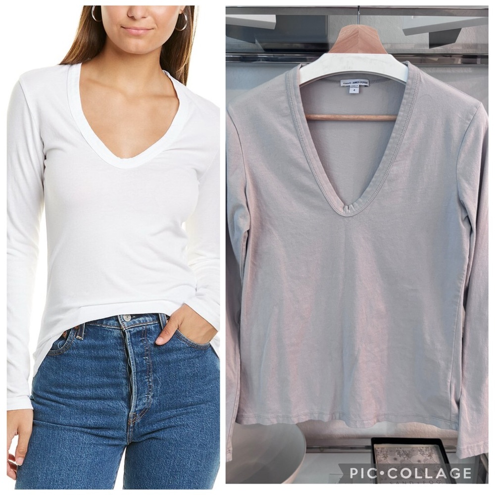 James Perse Deep V-Neck Spandex Long Sleeve Tee T-Shirt Gray 4 Large